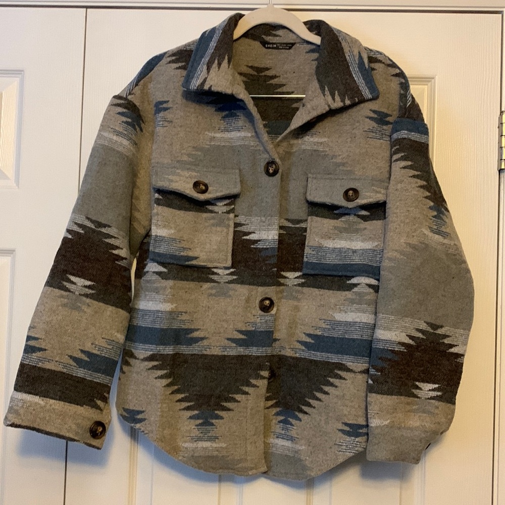 Geo Pattern Button Front Pocket Coat